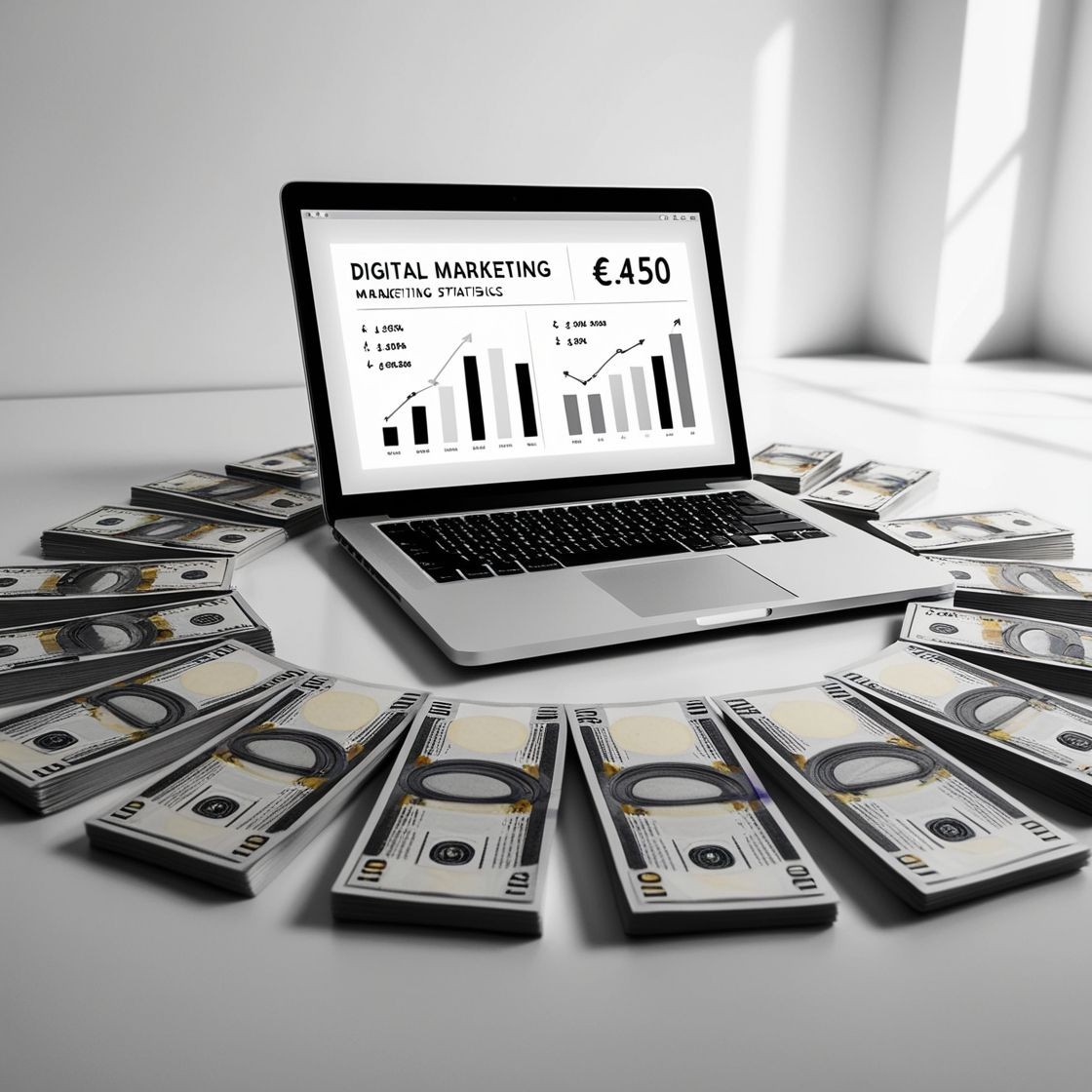 Laptop displaying digital marketing statistics surrounded by stacks of 100-dollar bills in a circular arrangement.