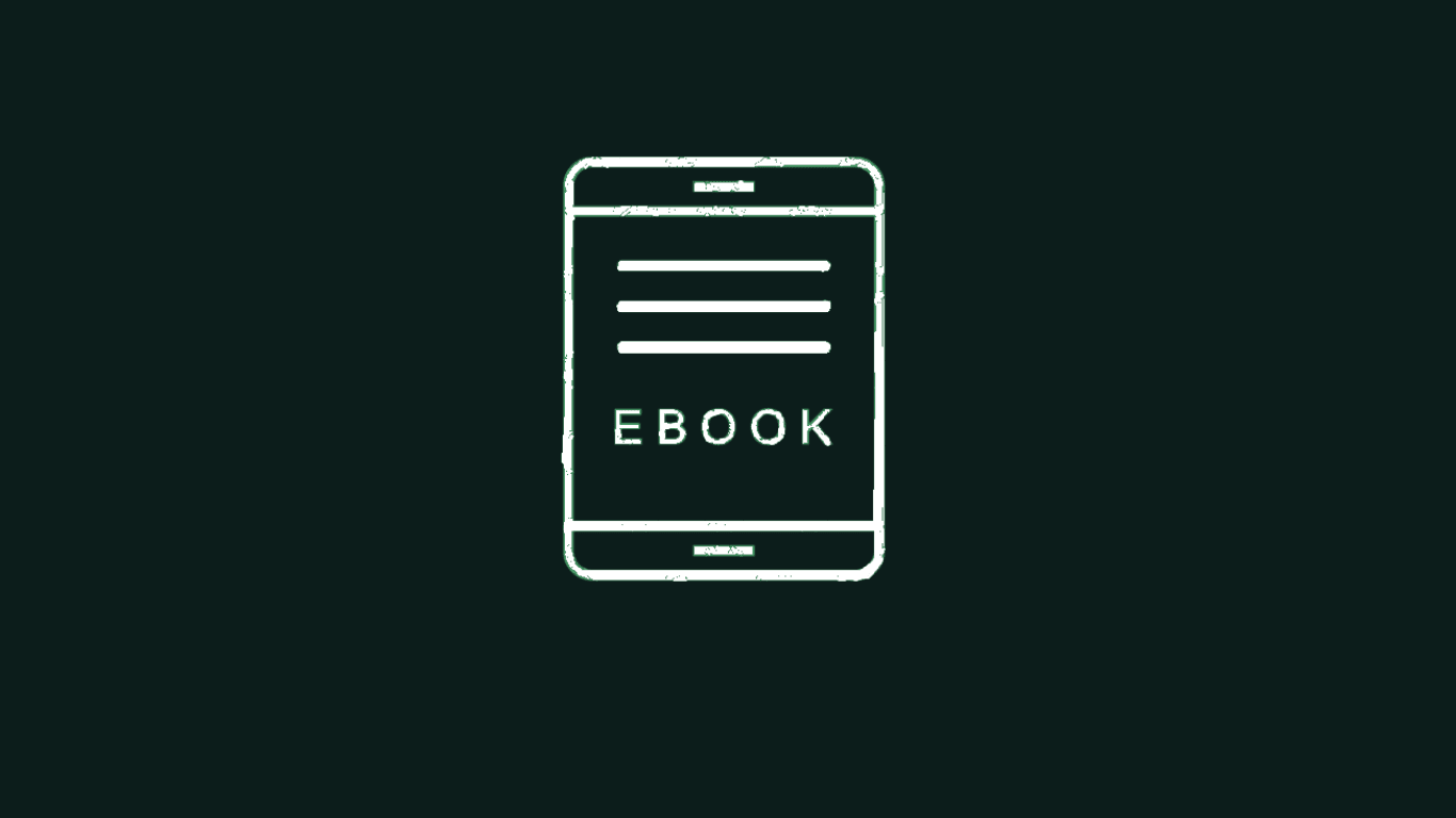 Outline of an e-reader displaying the word 'EBOOK' on a dark background.