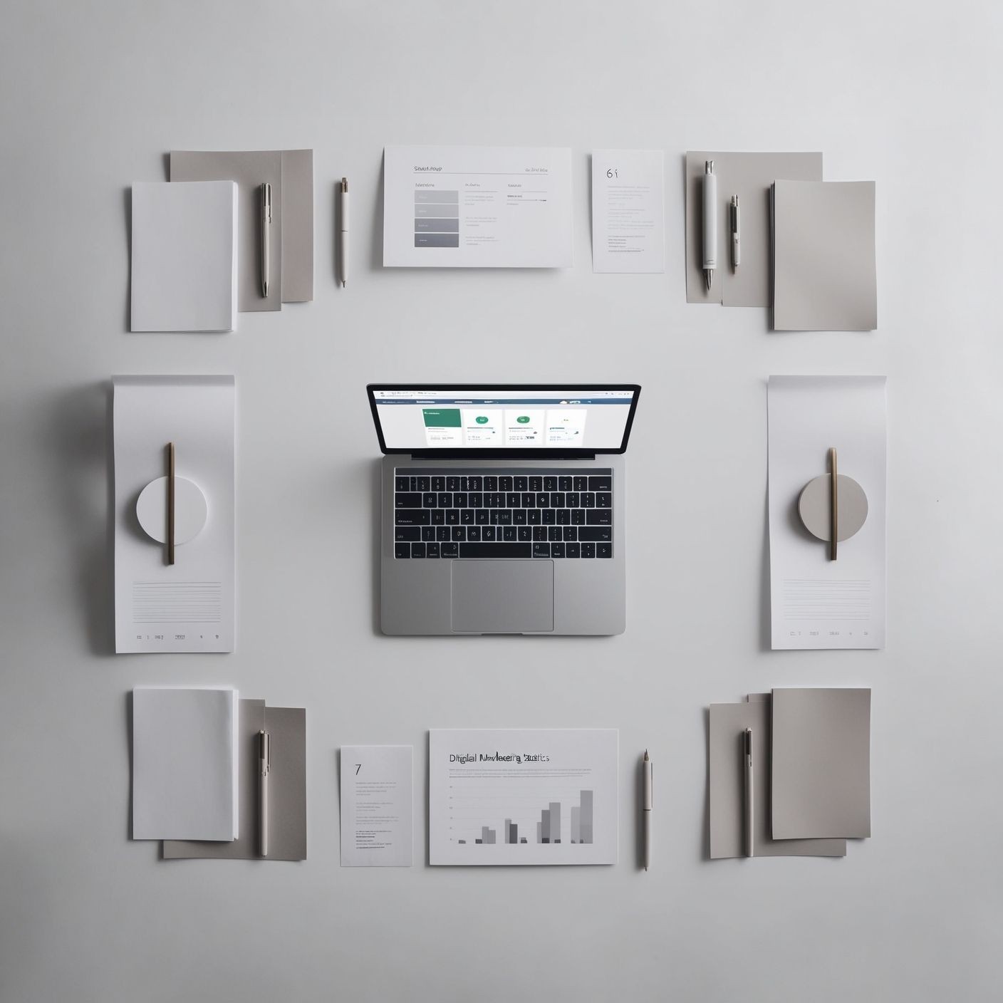 Open laptop on a desk surrounded by organized paper documents, notebooks, and pens.