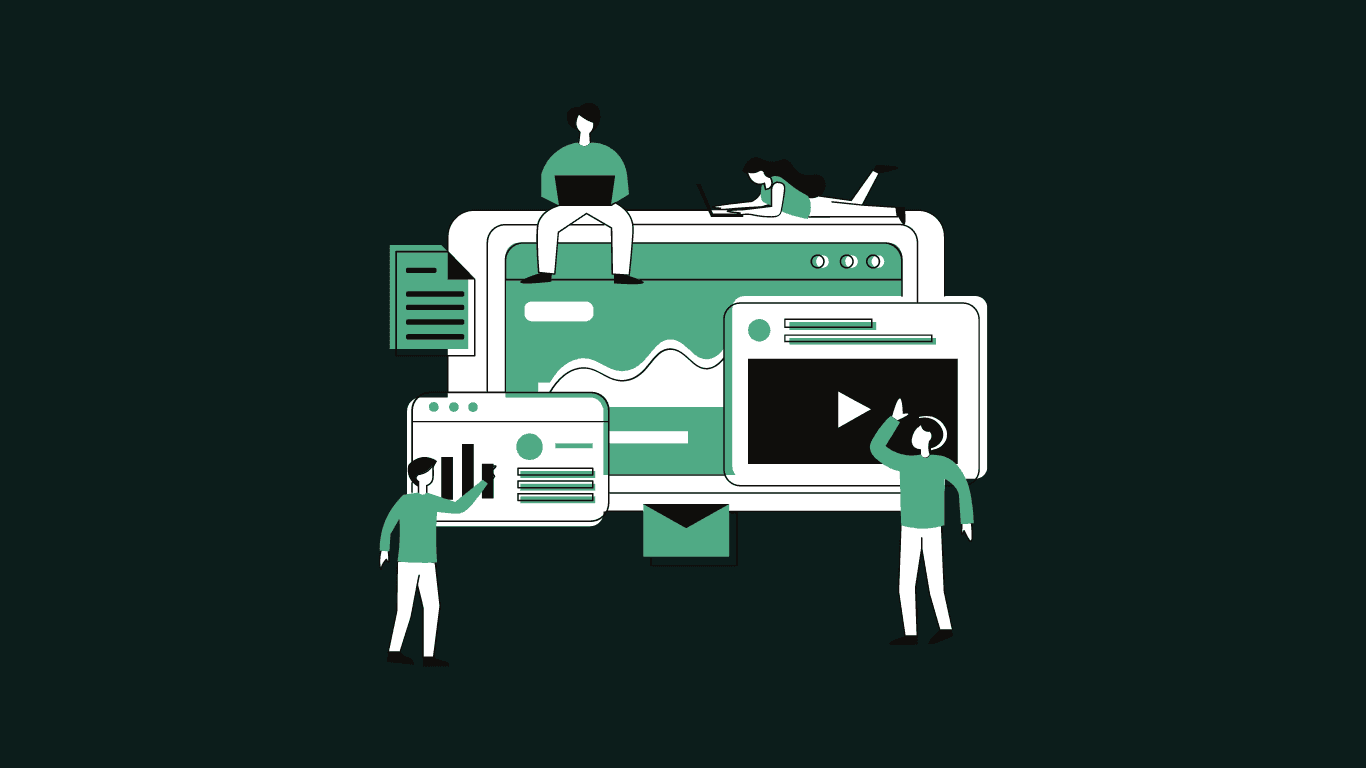 Illustration of people interacting with various digital devices and data visualizations on screens.