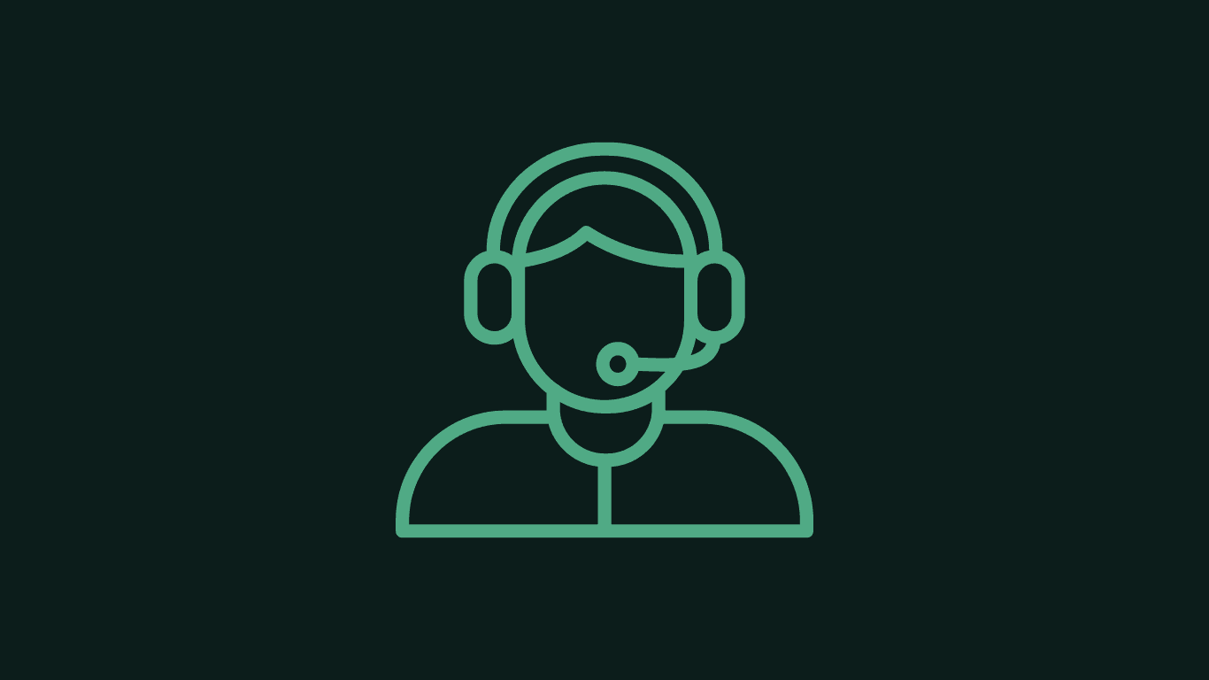 Green outline icon of a customer service representative wearing a headset with a microphone on a dark background.