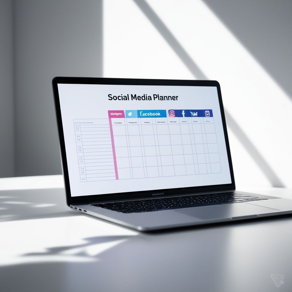 Open laptop on a white desk displaying a social media planner template with sections for various platforms.