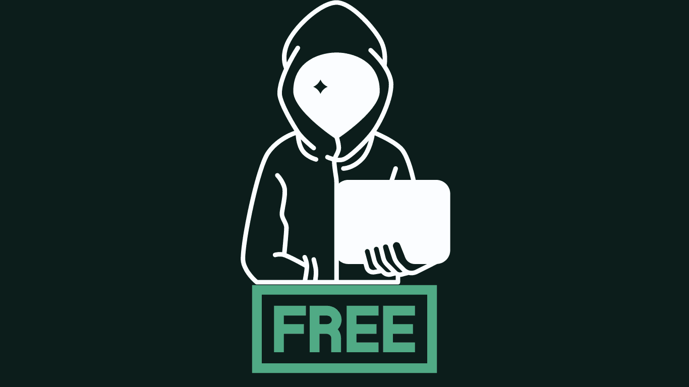 Stylized image of a hooded figure holding a laptop with the word 'FREE' below.