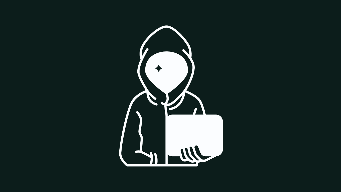 Minimalistic illustration of a hooded figure holding a laptop, symbolizing cybersecurity or hacking.